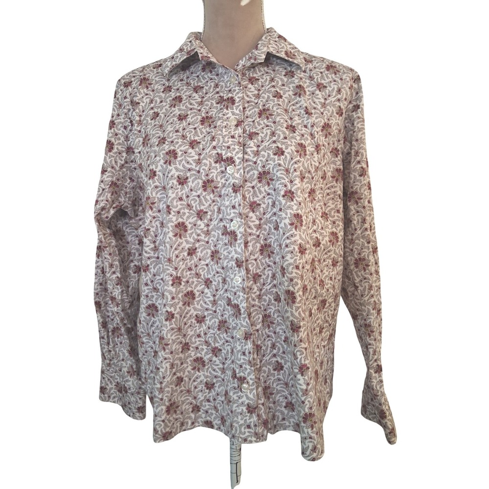 Lands End No Iron Pinpoint Oxford Shirt 16P Floral Paisley Burgundy Button Down